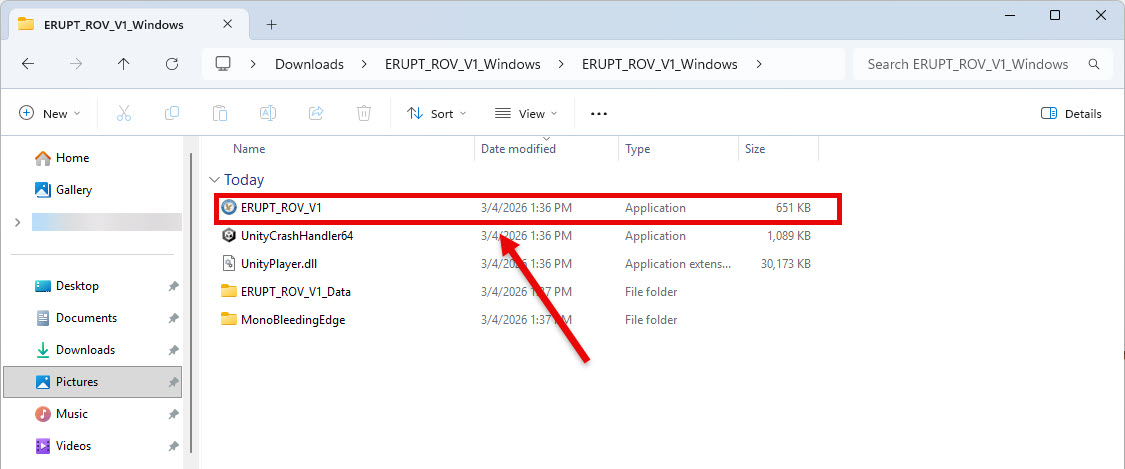 Extracted ERUPT folder open in file explorer with ERUPT_ROV_V1 application highlighted