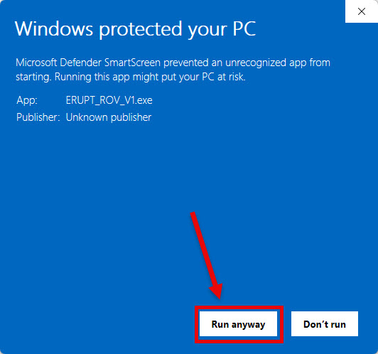 Windows defender popup after clicking more info with RUN ANYWAY button highlighted