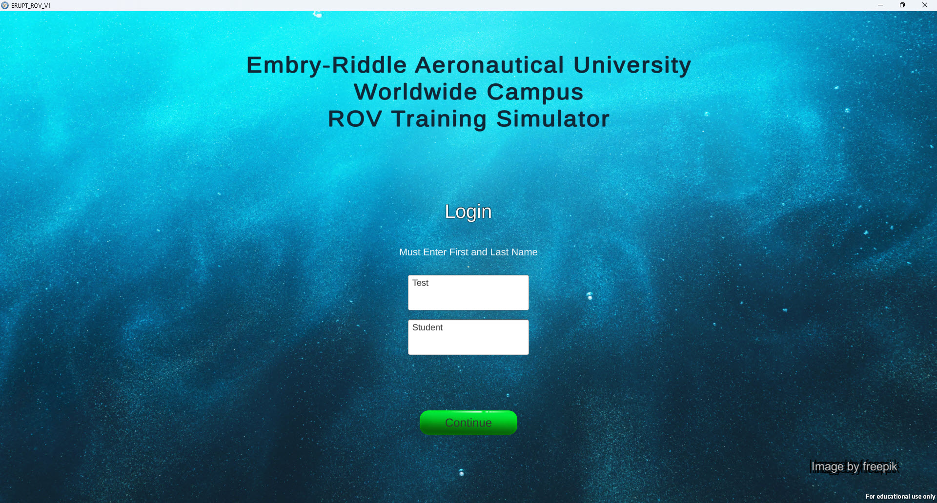 ERUPT Startup screen with Embry-Riddle Disclaimer and 'Continue' button