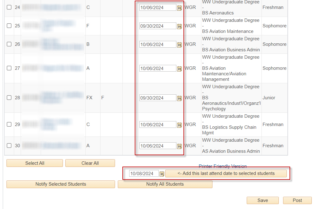 Campus solutions Last Attendance with Add this last attend data to selected students button highlighted