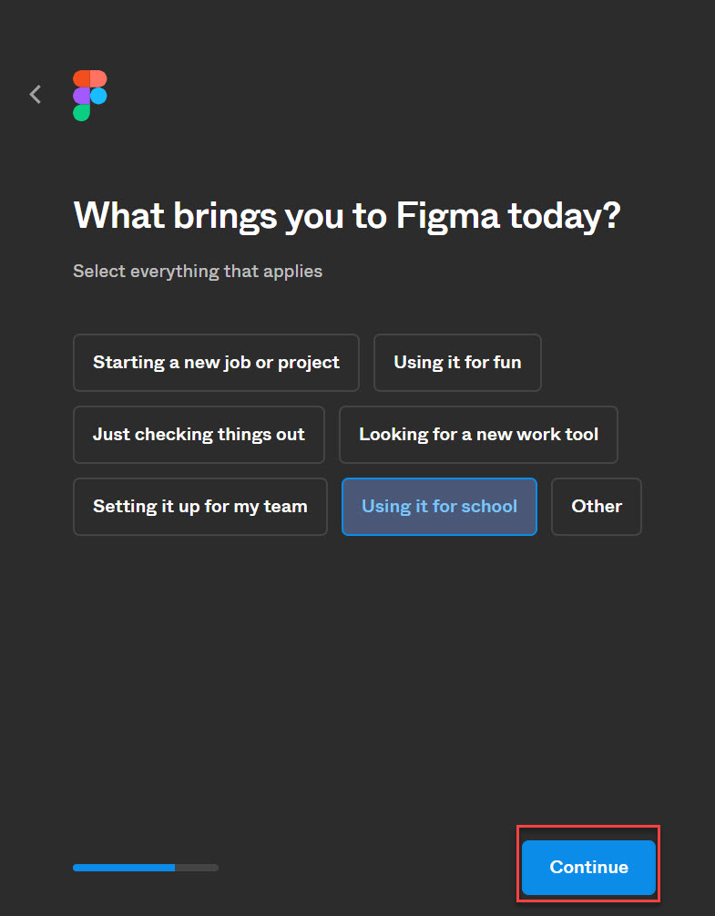 Create Figma Profile Page With inputs and continue button highlighted