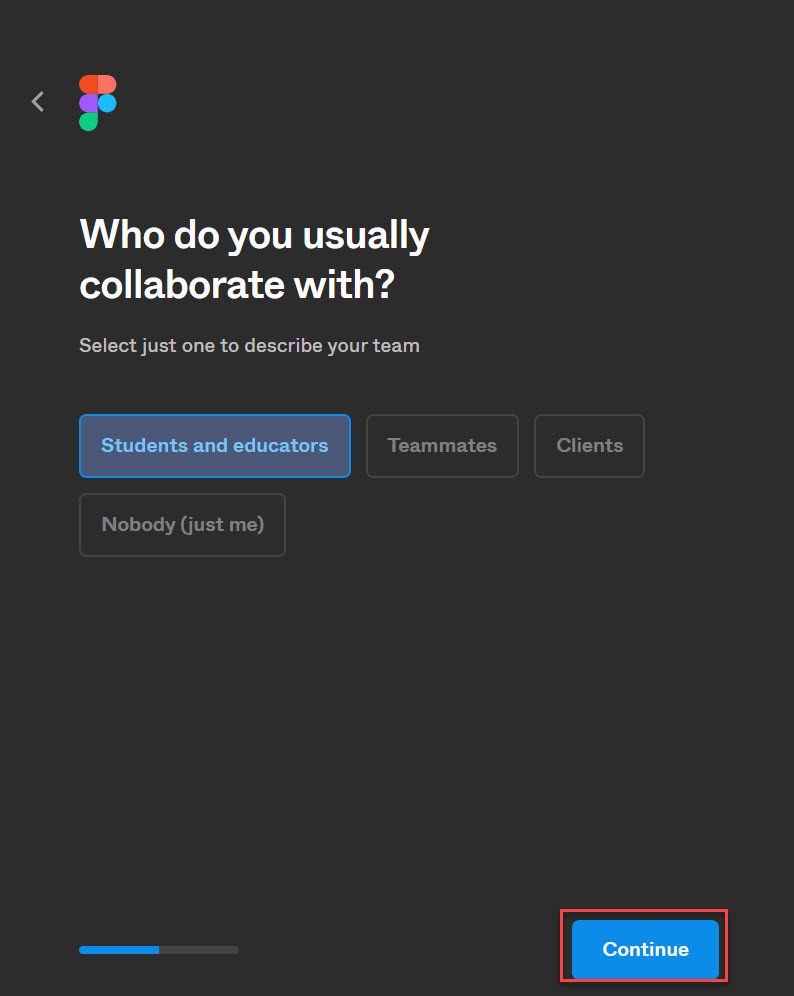 Create Figma Profile Page With inputs for collaboration type with continue button highlighted