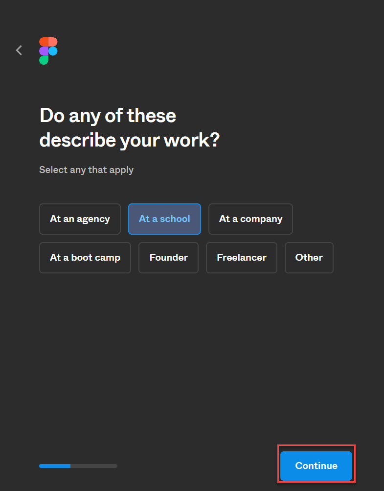 Create Figma Profile Page With inputs for description of work with continue button highlighted