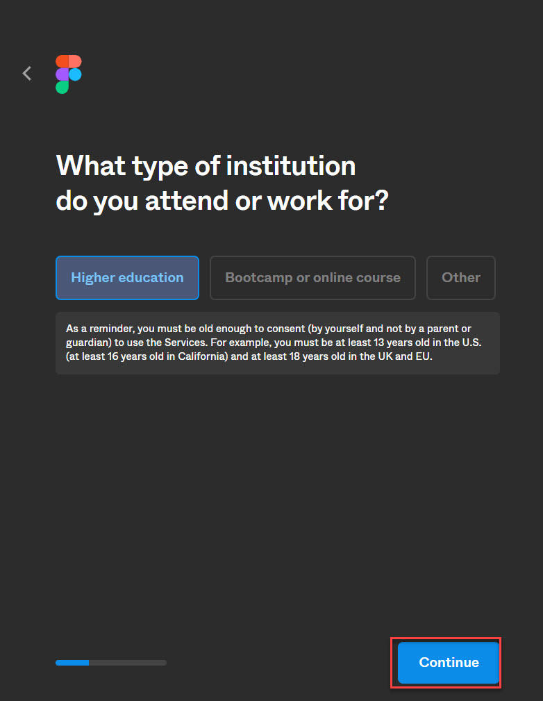 Create Figma Profile Page With inputs for institution type and continue button highlighted