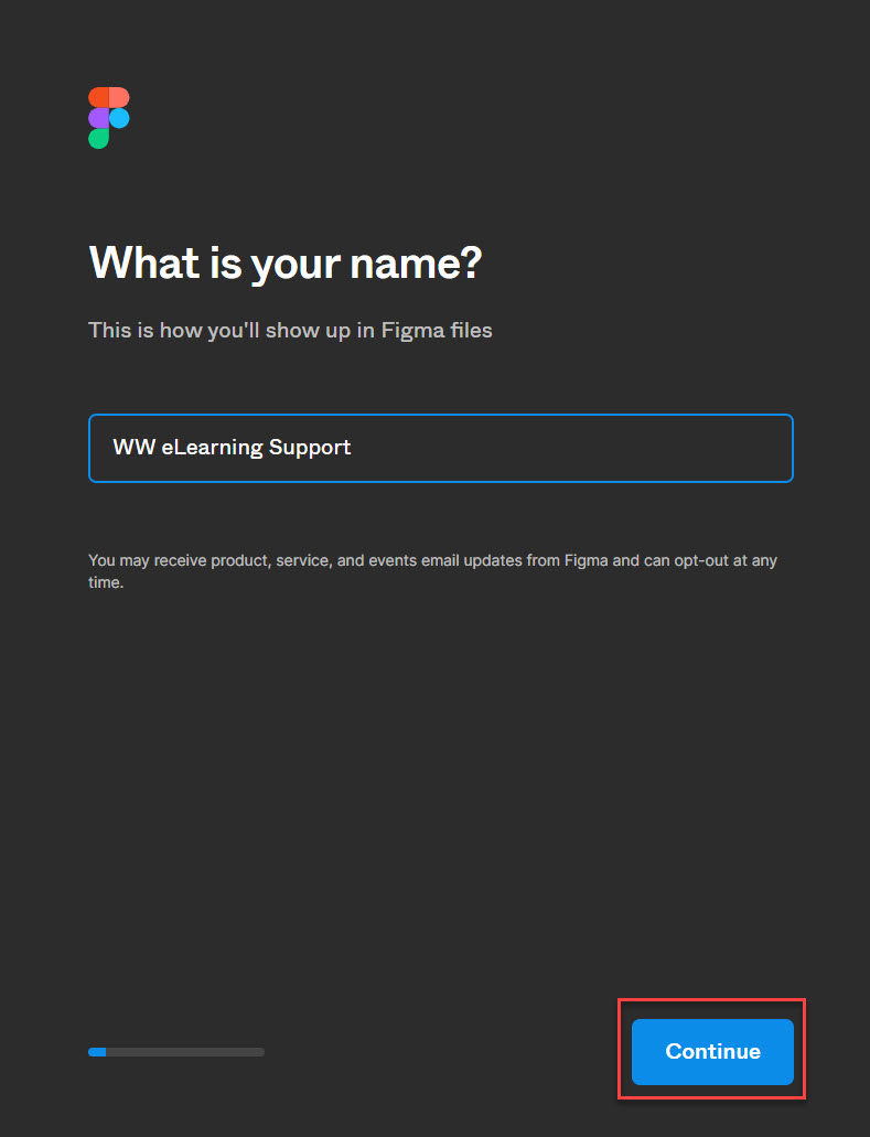Create Figma Profile Page With input for name and continue highlighted