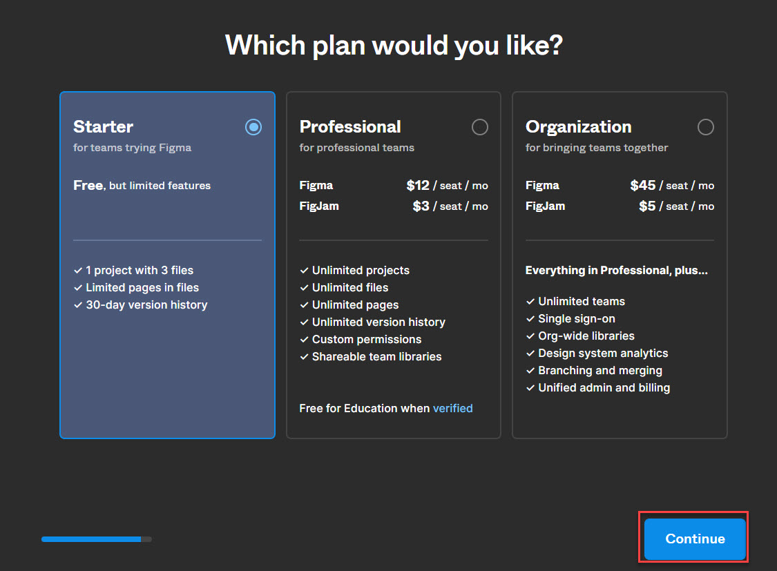 Create Figma Profile Page With inputs for plan type with continue button highlighted