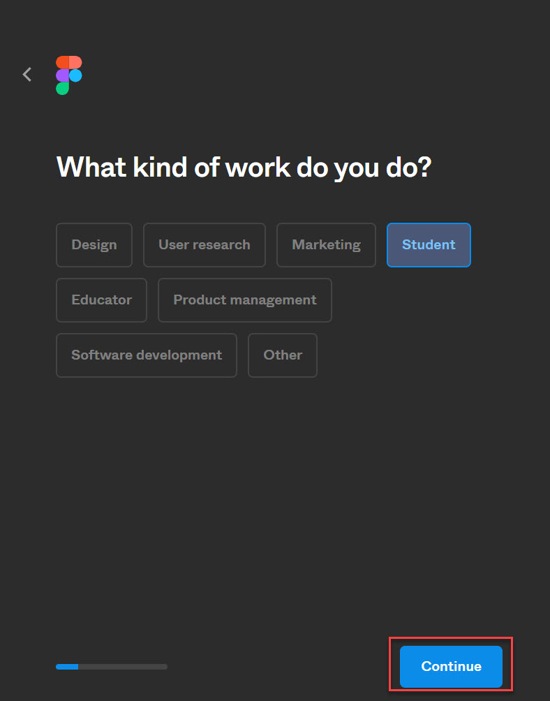 Create Figma Profile Page With inputs for occupation and continue button highlighted