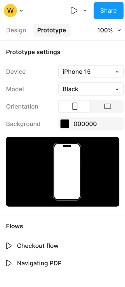 Protyping features page showing the different interactions Figma allows for your designs. 