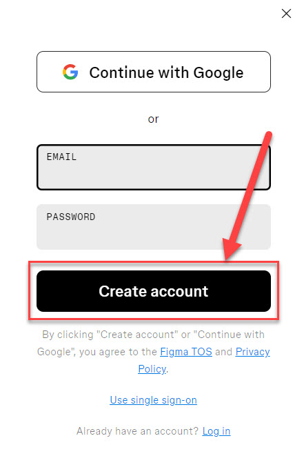 Figma Signup Page showing arrow pointing to Create account