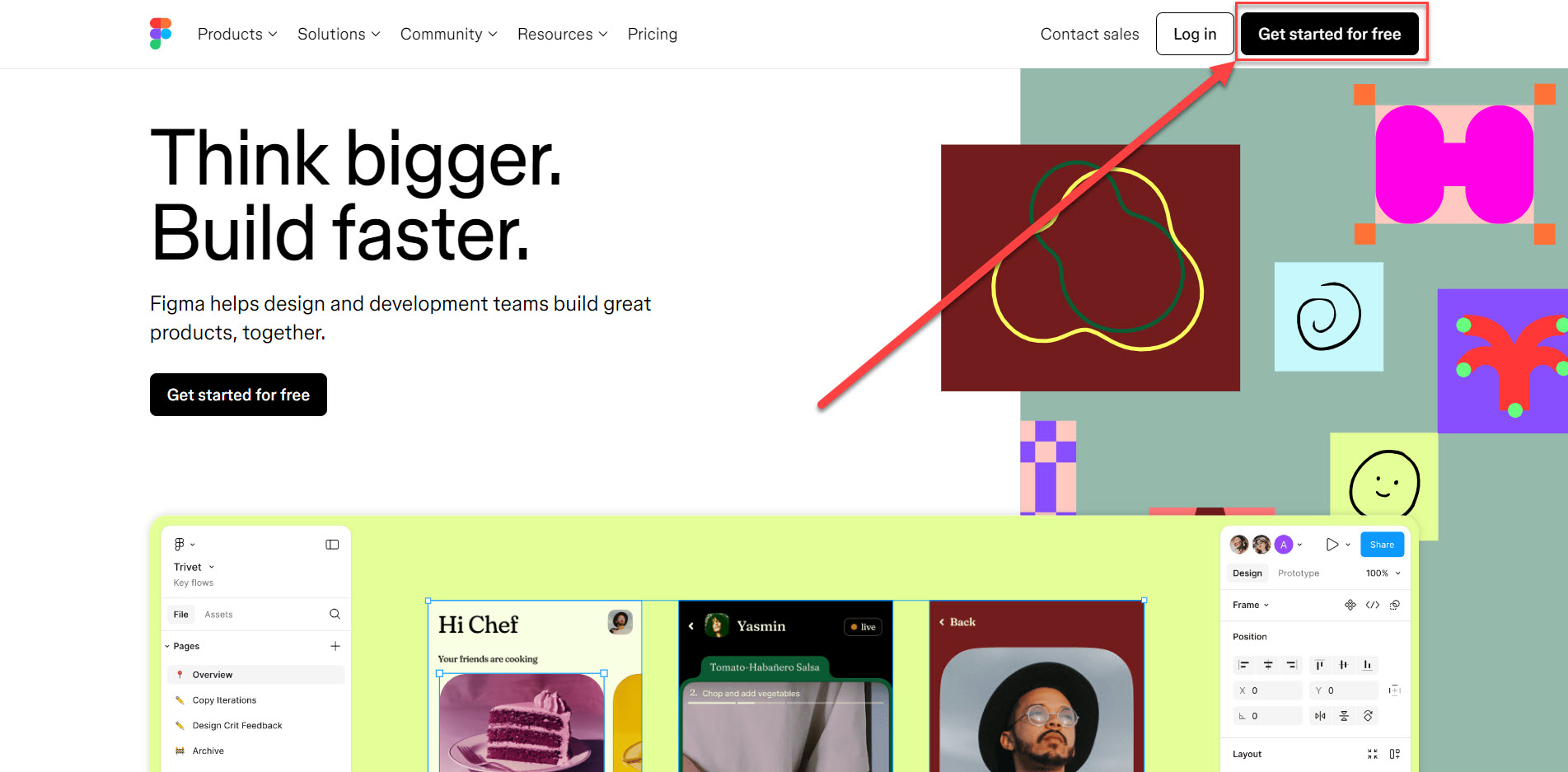 Figma homepage showing arrow to click the Get started for free button