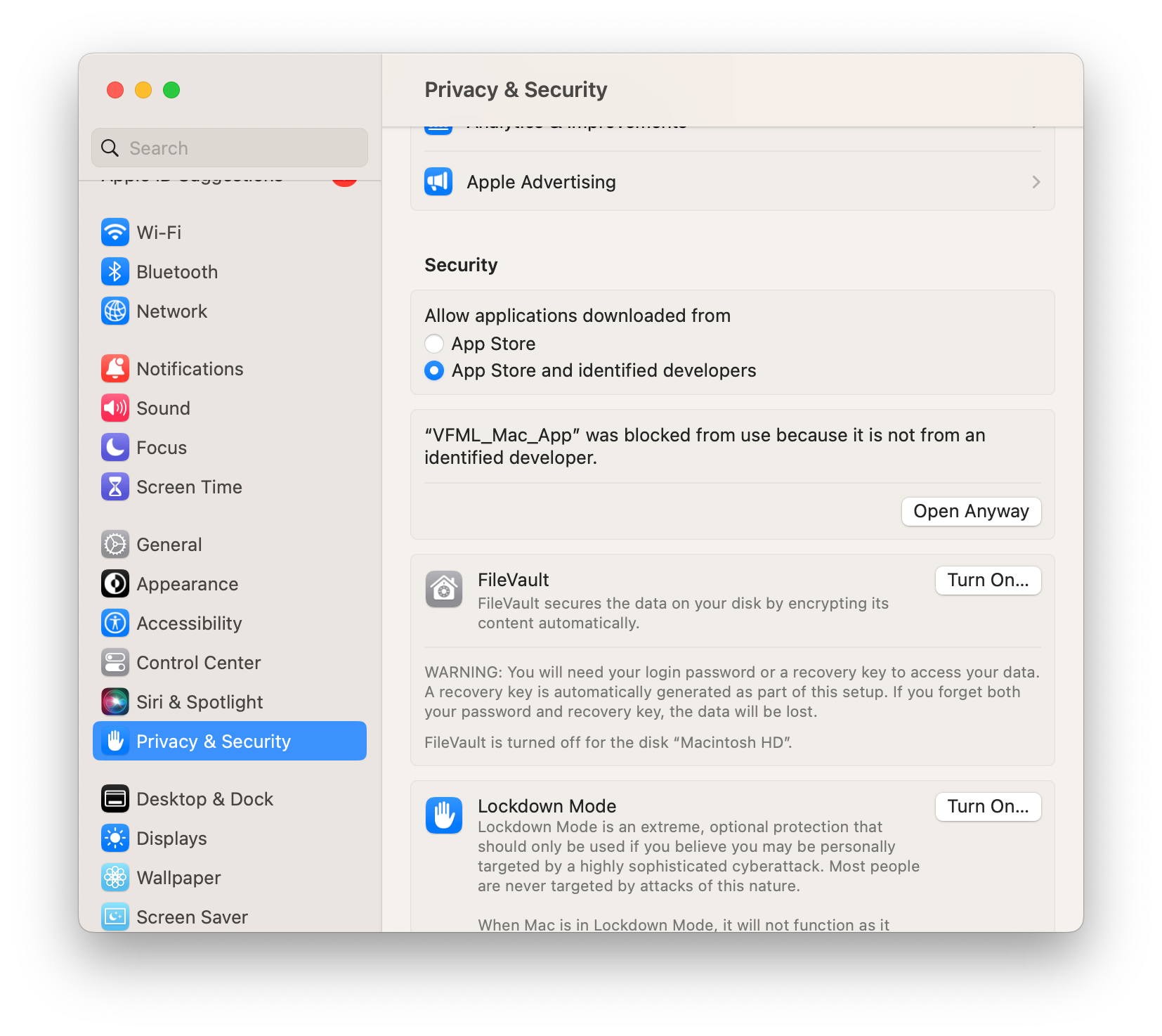 Mac System Settings with Privacy & Security Tab opened and Open Anyway highlighted
