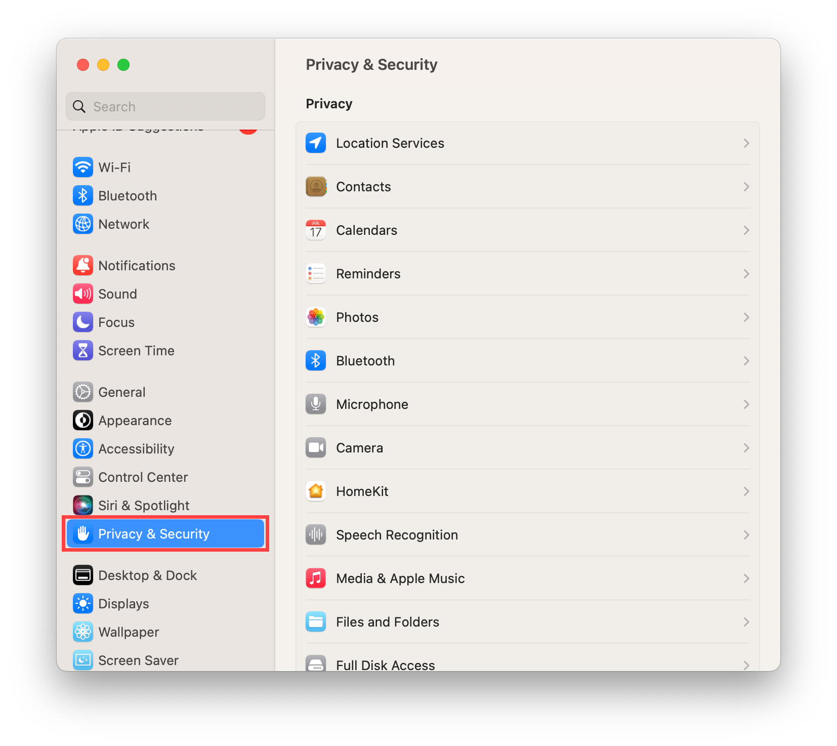 Mac System Settings with Privacy & Security Tab opened