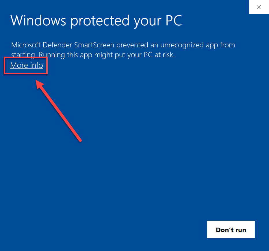 Windows Defender showing prevention of launch with More Info link highlighted