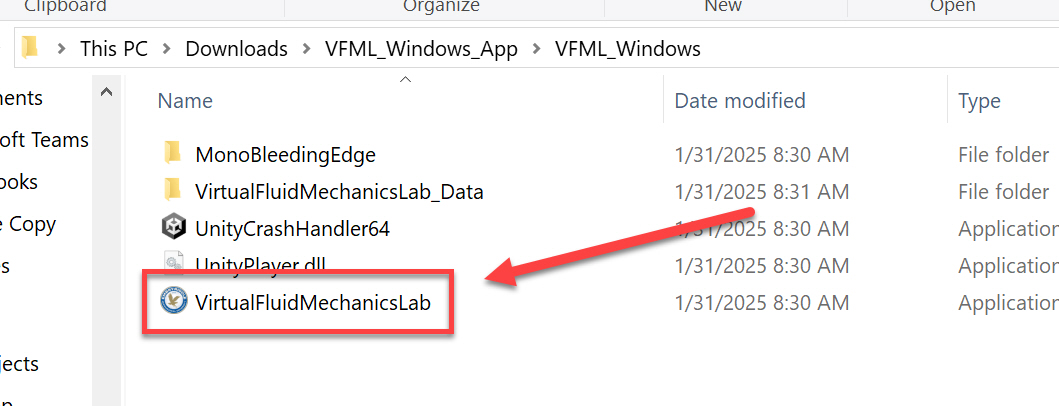 Windows Explorer with Extracted Folder opened and VirtualFluidMechanicsLab.exe Highlighted