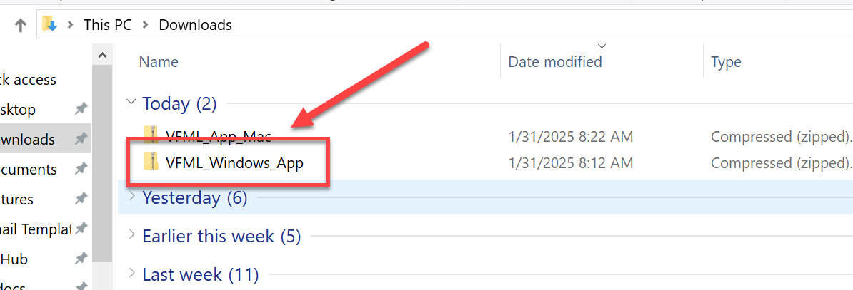 Windows Explorer Downloads with VFML_Windows_App zip file Highlighted
