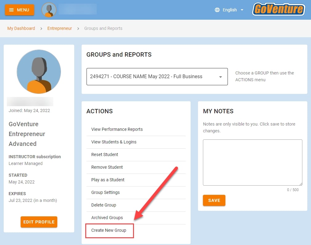 Select Create New Group, outlined and arrowed to, under Actions on your GoVenture dashboard