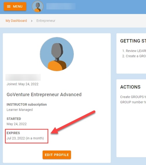 GoVenture Dashboard with subscription expiration date outlined and arrowed to