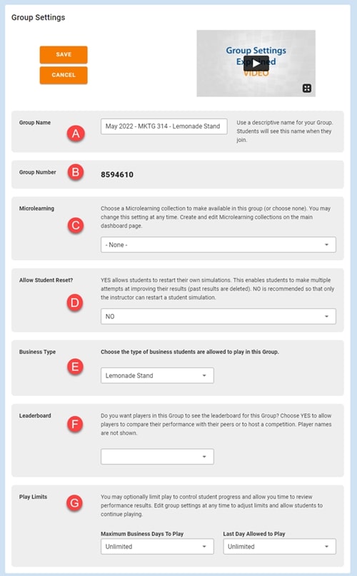 After group is created, adjust group settings with settings labeled A through G