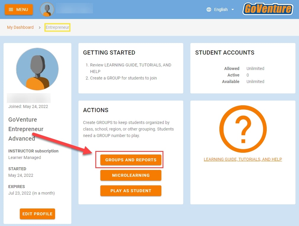 From Actions, select groups and reports, outlined and arrowed to