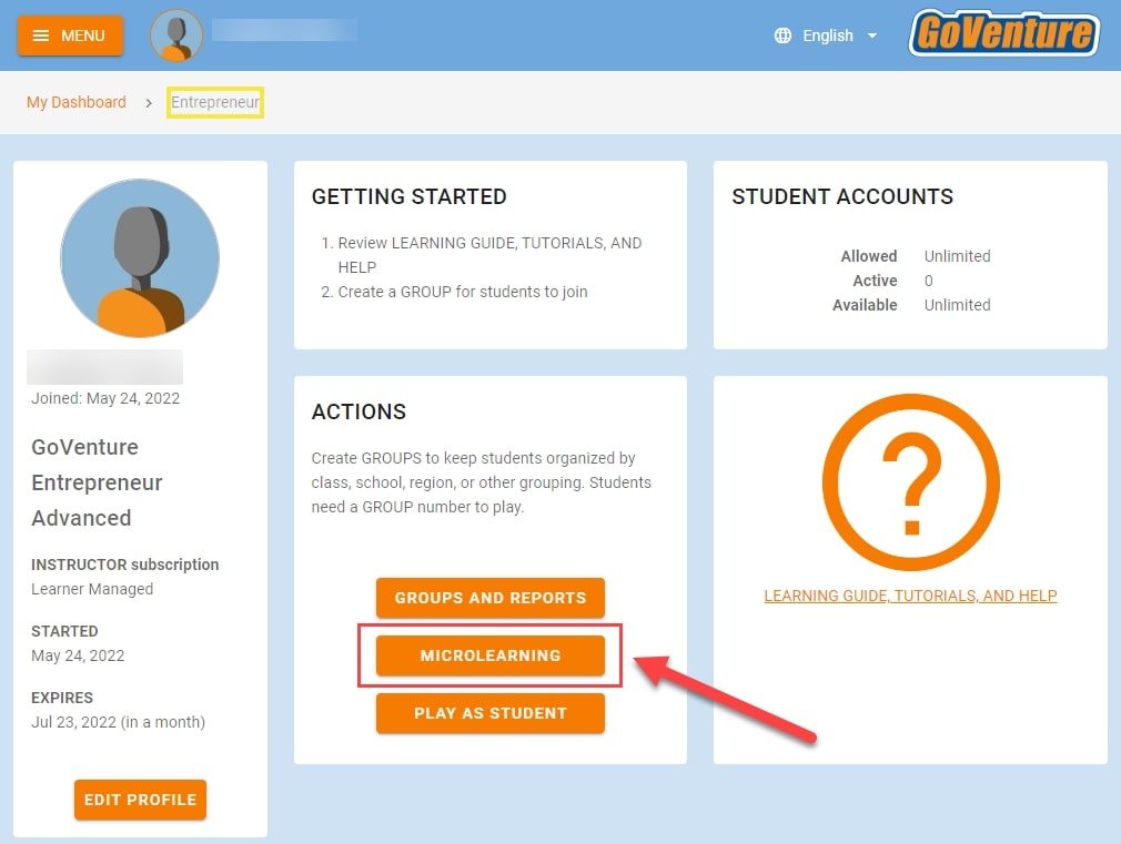 Select Microlearning under Actions, outlined and arrowed to