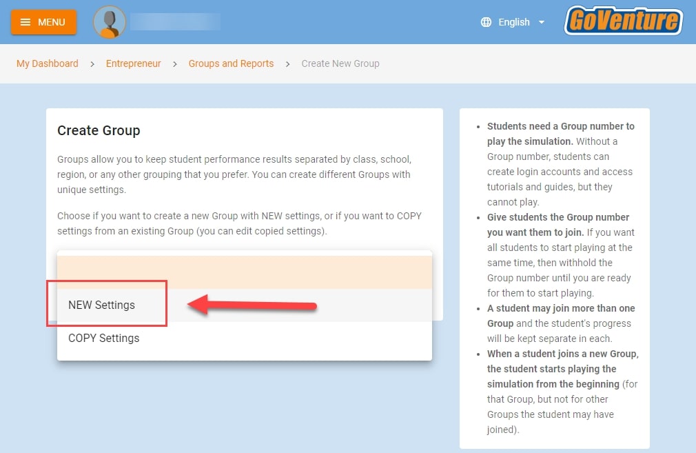 Select New Settings, outlined and arrowed to, on the Create Group page