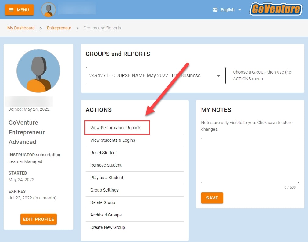 From Actions, select View Performance Reports, outlined and arrowed to
