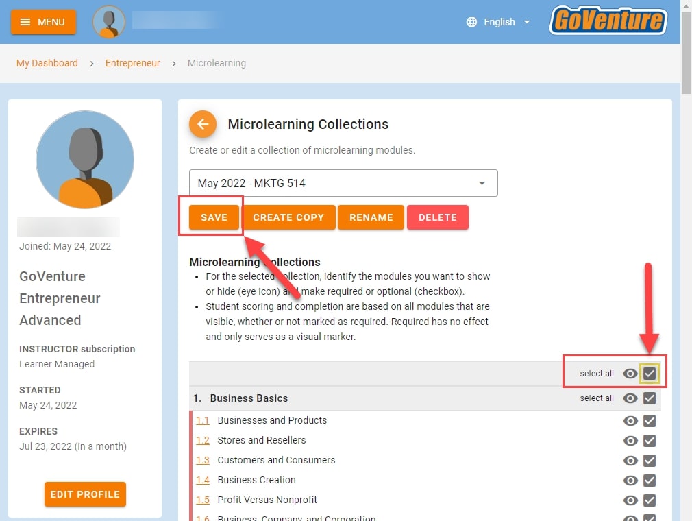 After selecting all, outlined and arrowed to, select save, outlined and arrowed to
