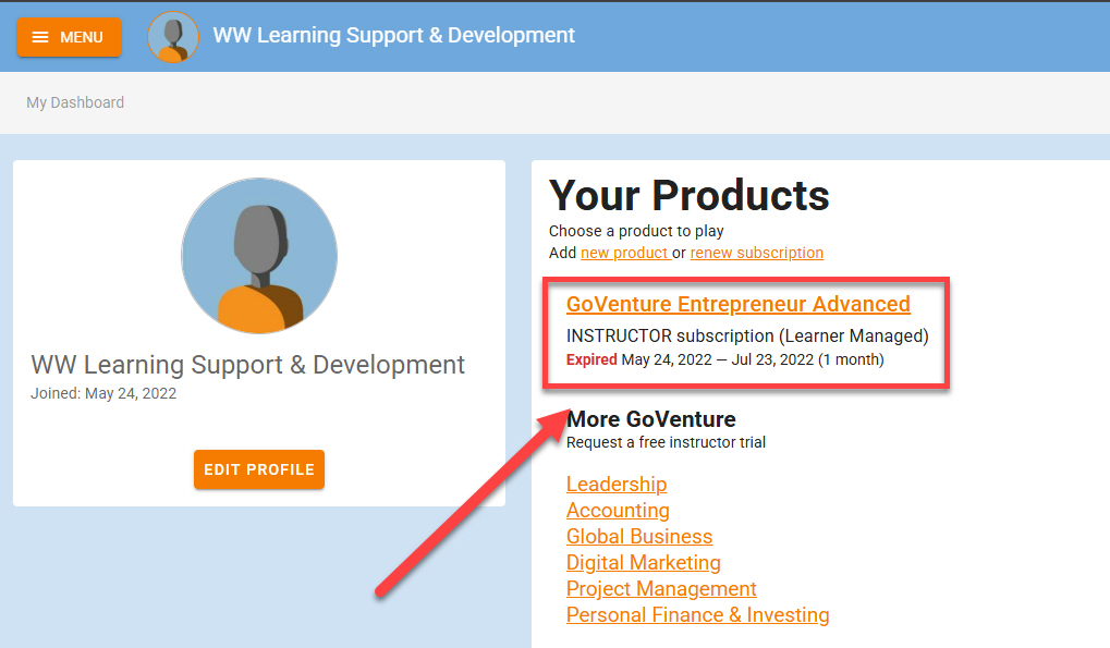 GoVenture Entrepreneur Advanced outlined and arrowed to on your GoVenture Dashboard
