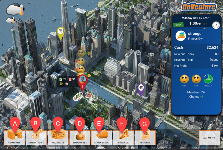 Example of Full Business Interface with icons labeled alphabetically