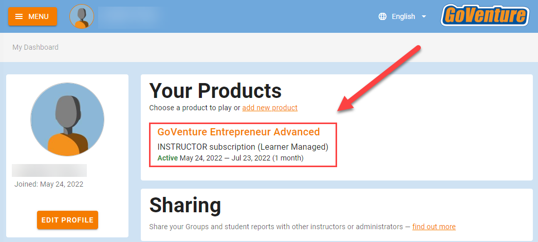 GoVenture Profile page with Your products shown and GoVenture Entrepreneur Advanced product highlighted