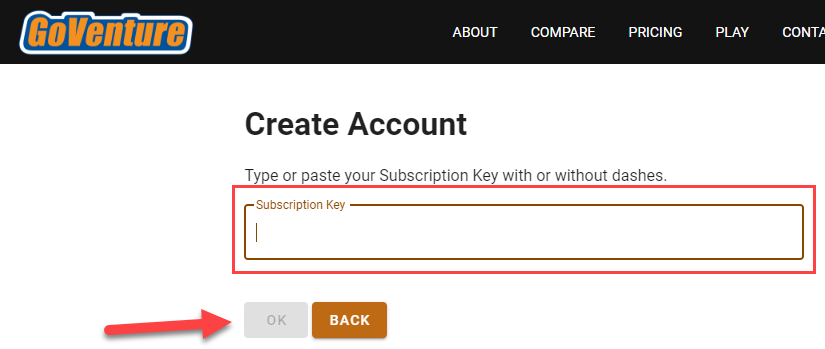 GoVenture Create Account Page with Subscription key input and OK button highlighted