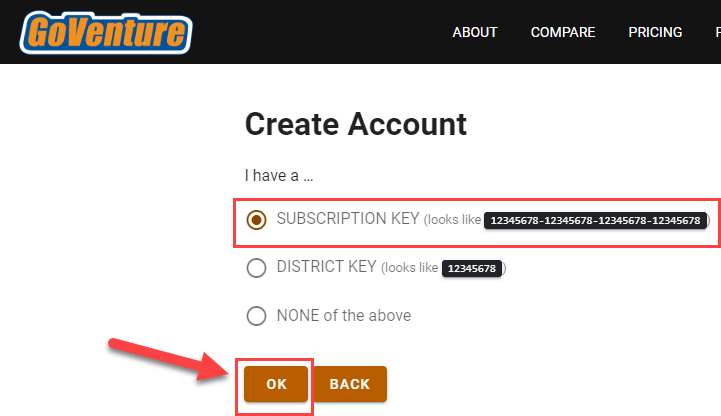 GoVenture Create Account page with Subscription Key and OK buttons highlighted