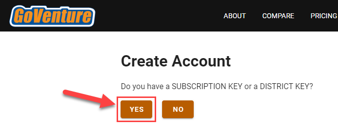 GoVenture Create Account Page with Yes button highlighted