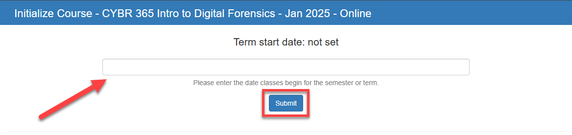 Select course term start date arrowed to then select submit button outlined