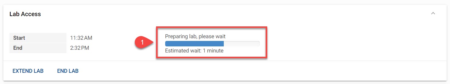 The lab loading screen for instructor in JBL's Cloud desktop, lab preparation progress bar outlined and labeled 1