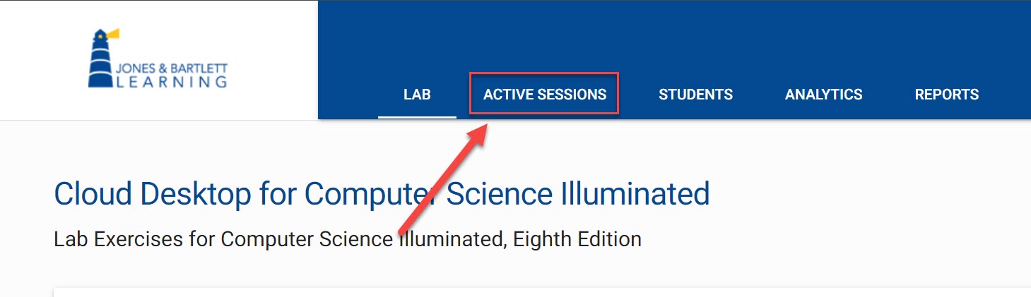 Select active sessions located in JBL Cloud desktop at top outlined and arrowed to