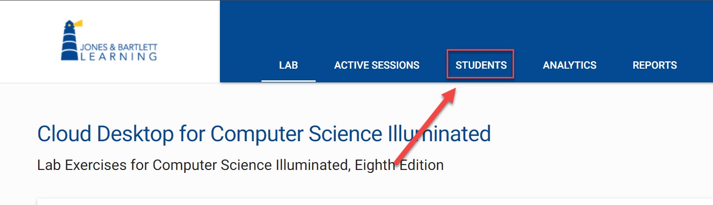 Select Students tab outlined and arrowed to in JBL's Cloud destkop