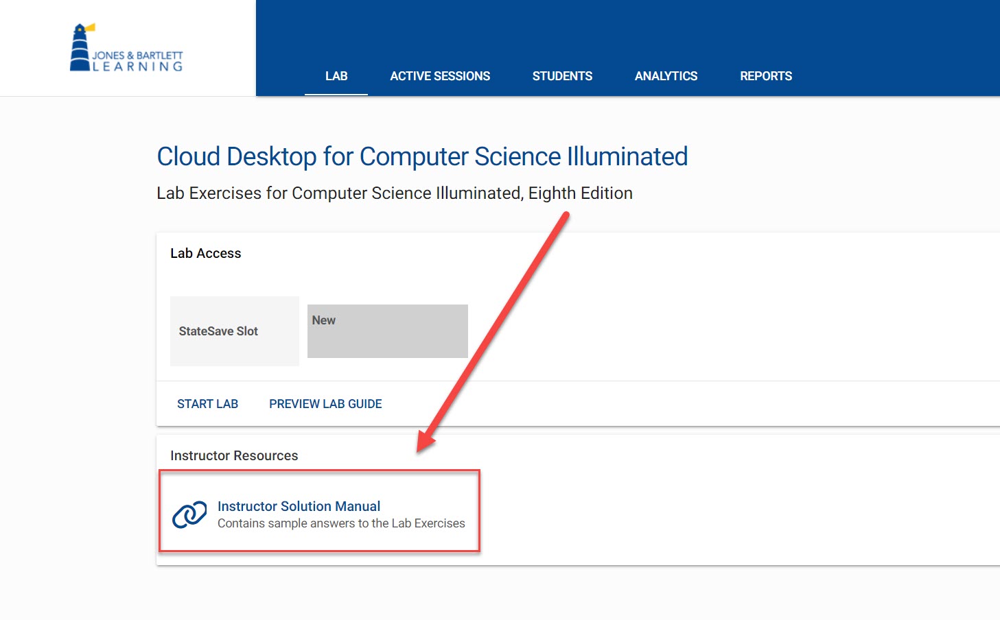 Locate and select the Instructor Solution Manual outlined and arrrowed to on your JBL Cloud Desktop