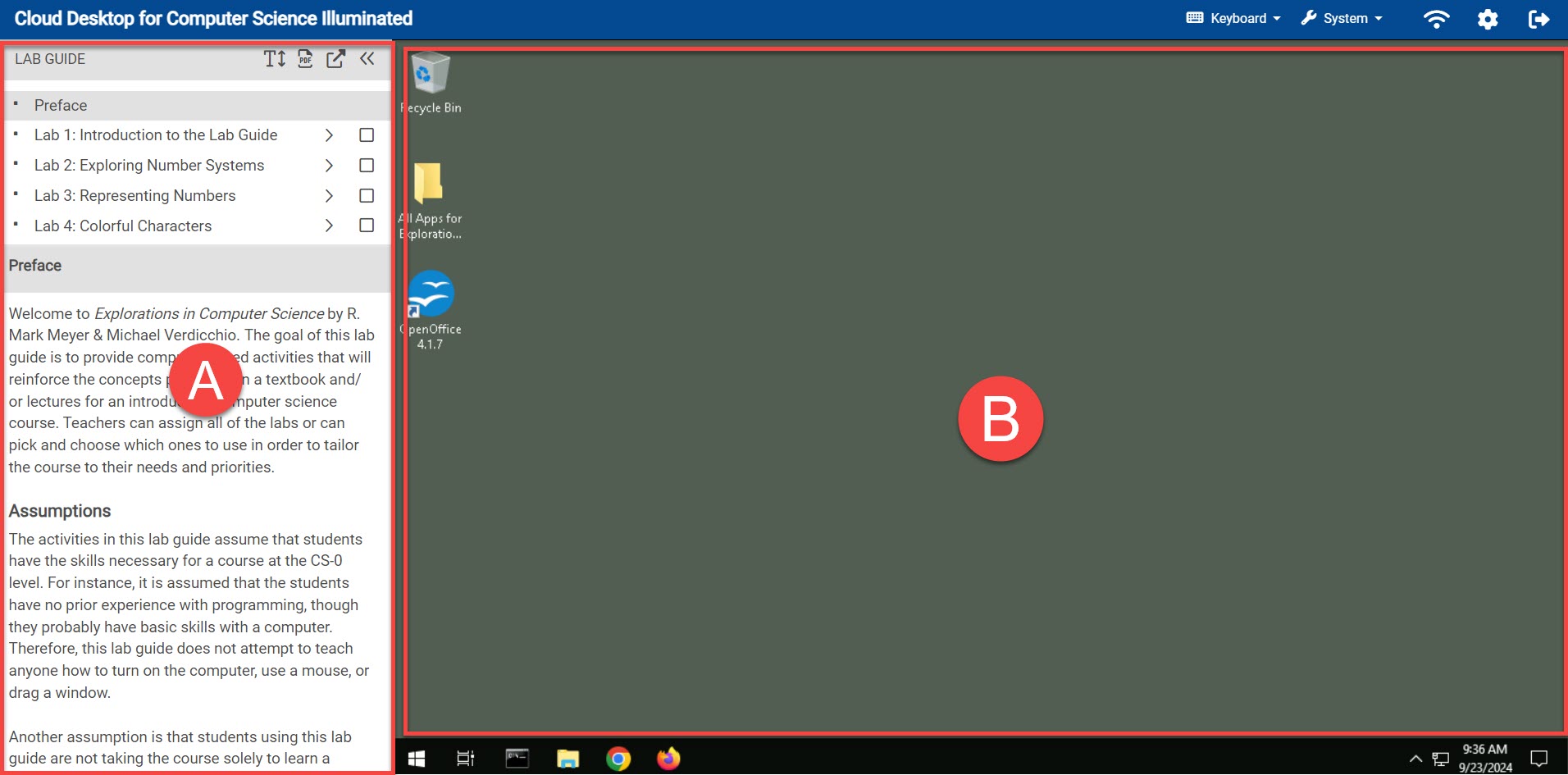 Virtual Lab environment view from JBL Cloud desktop with Lab Guide and Desktop outlined