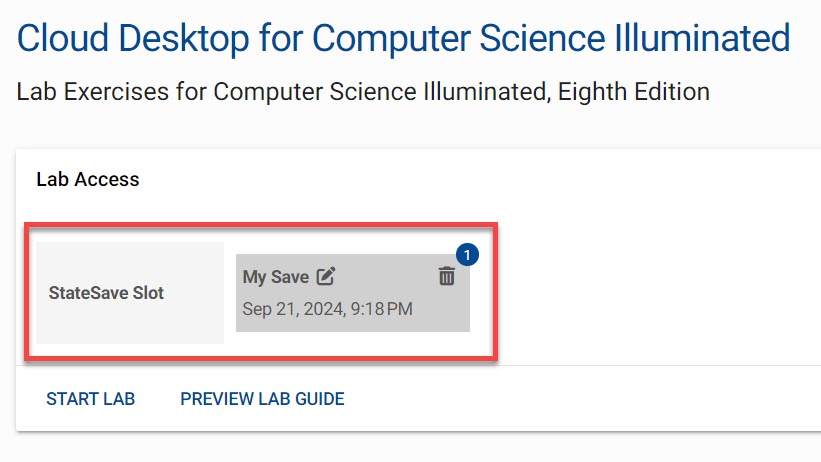 Dashboard StateSave Slot outlined to locate most recent Lab save in JBL Cloud desktop.
