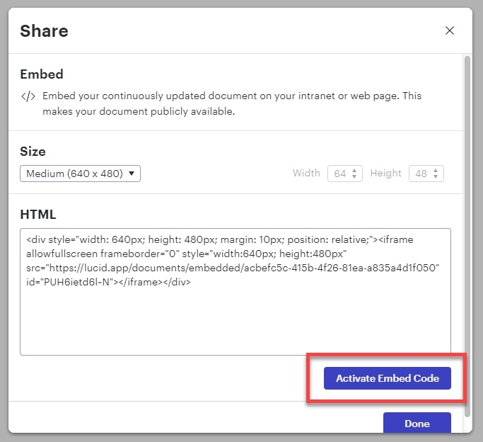 Activate Embed Code outlined in share screen opened from previous step