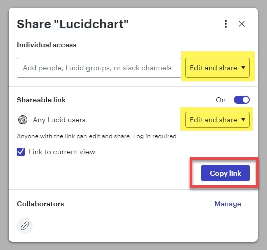 Individual user permissions and shareable link user permissions highlighted in yellow. Once permissions are adjustsed select copy link button outlined.