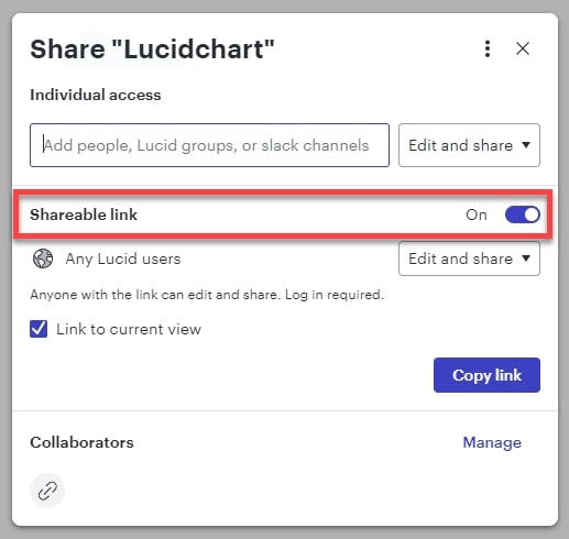 Shareable Link button outlined and enabled on Lucidchart share screen