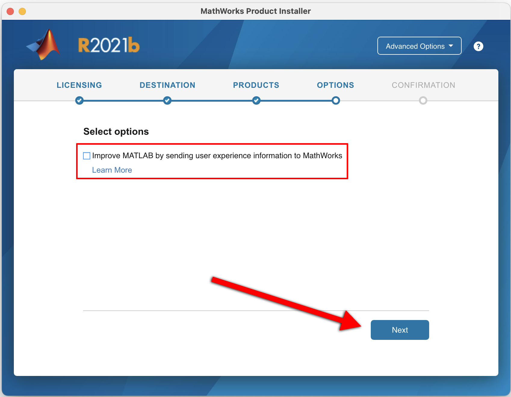 Choosing additional options for MATLAB installation, select next