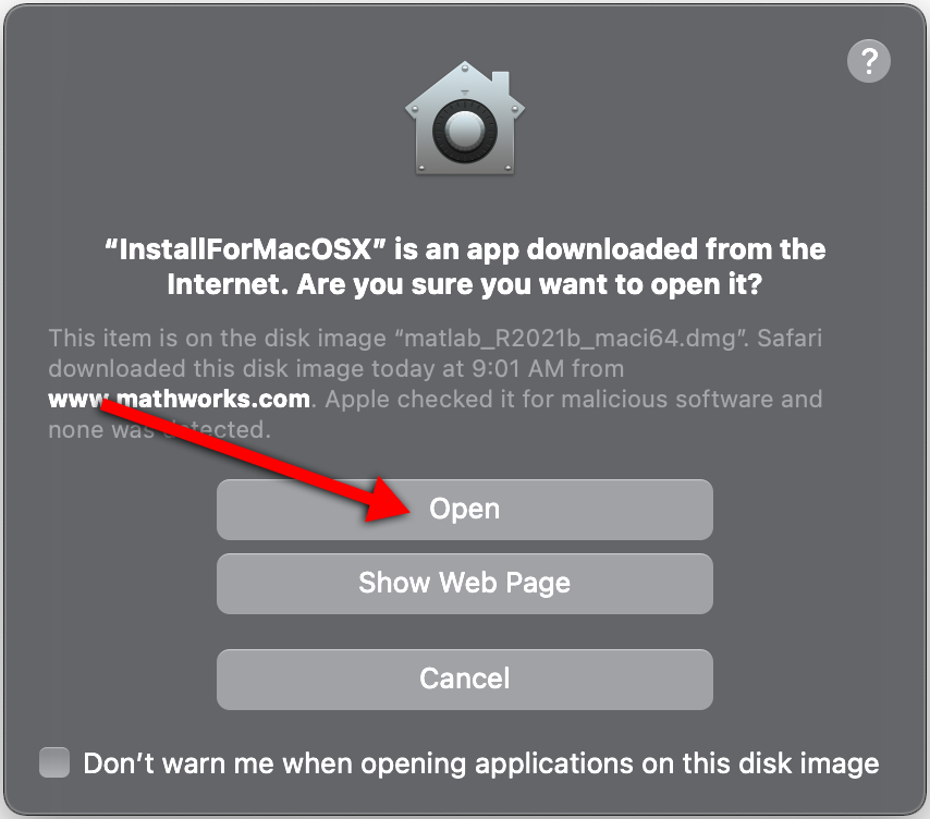 Allow MATLAB installation on Mac, select open