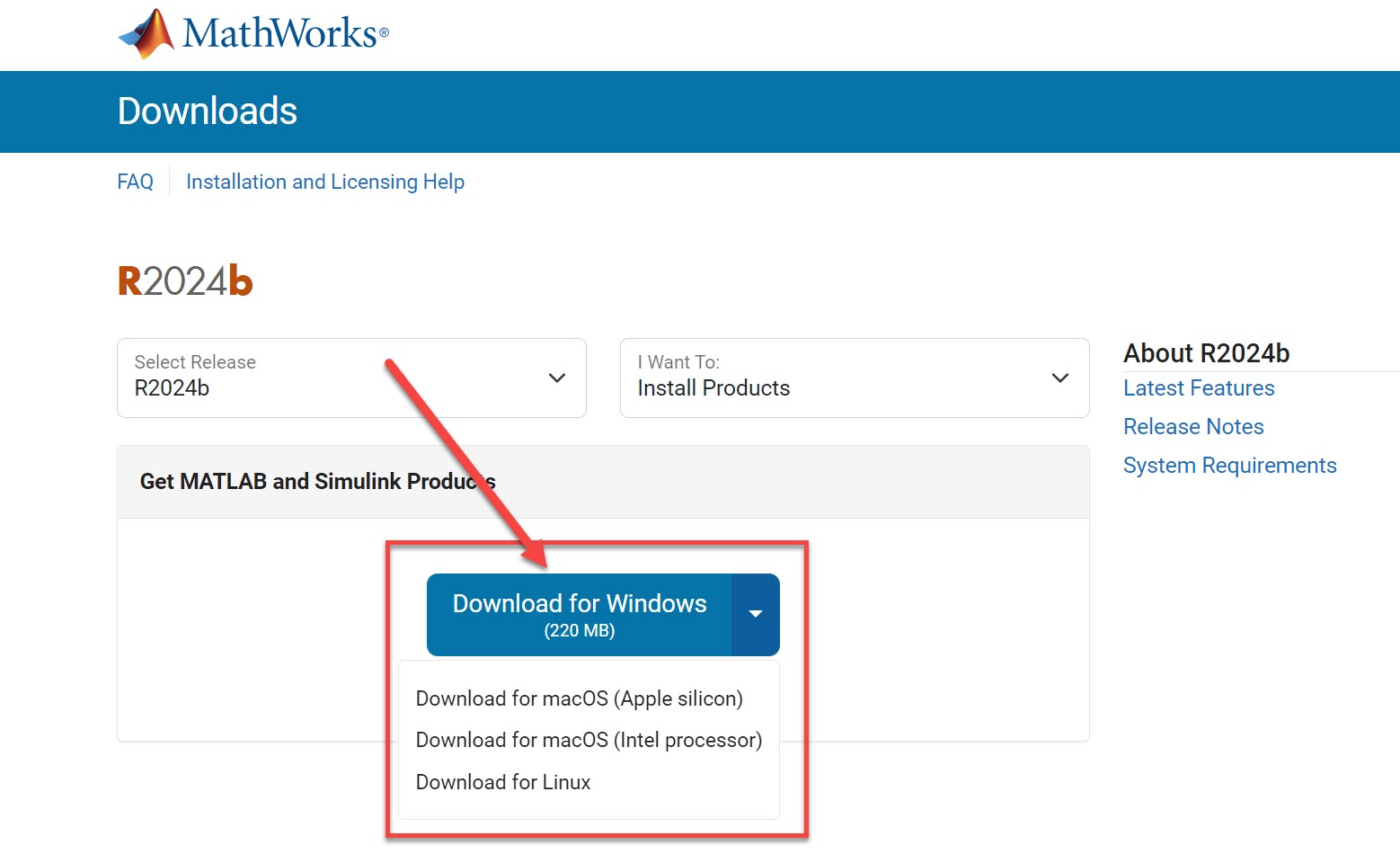 Select Download MATLAB version for your operating system type