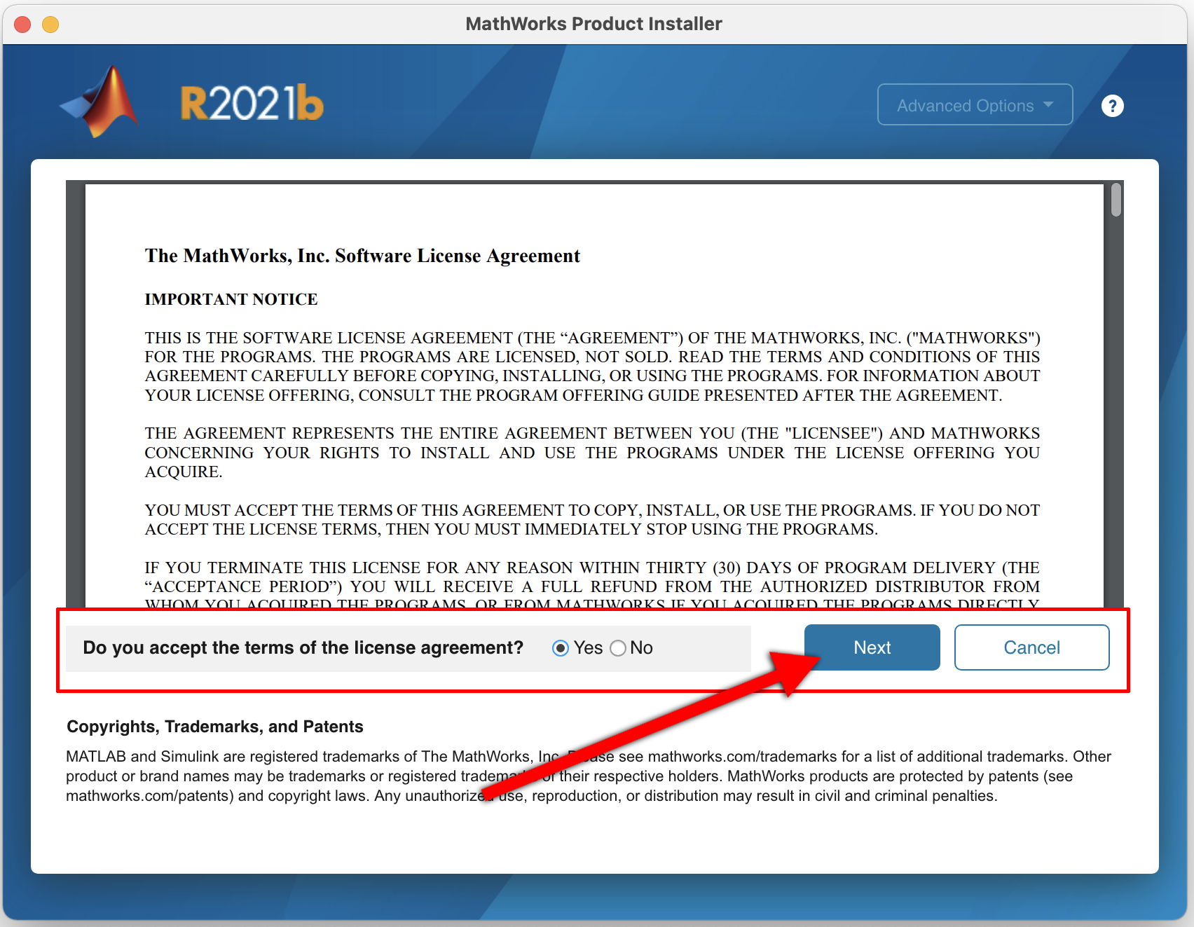 Agree to license terms to install MATLAB, select next