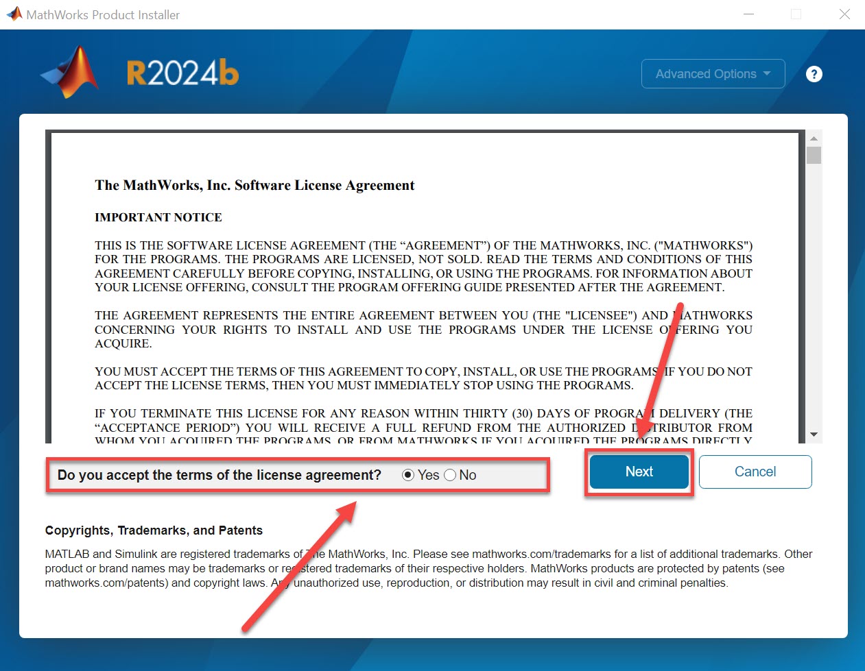 Accept License agreement to install MATLAB, select next