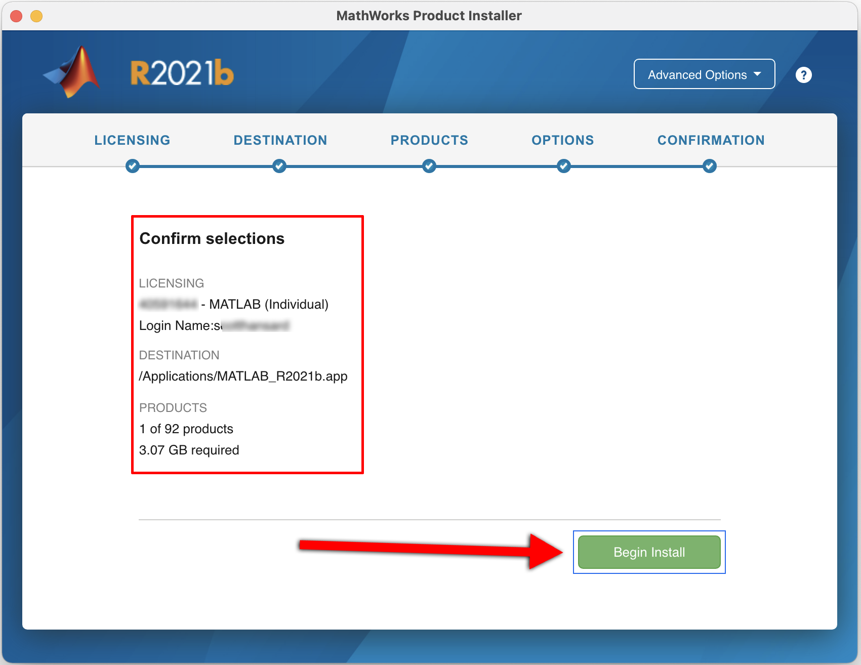 Confirm MATLAB installation, select begin install