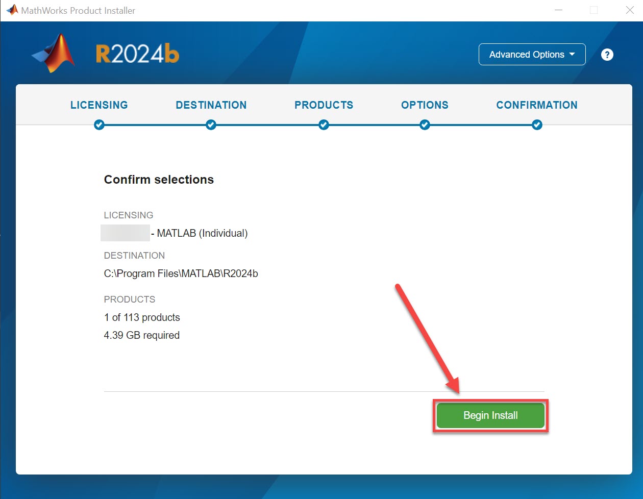 Select Begin installing MATLAB